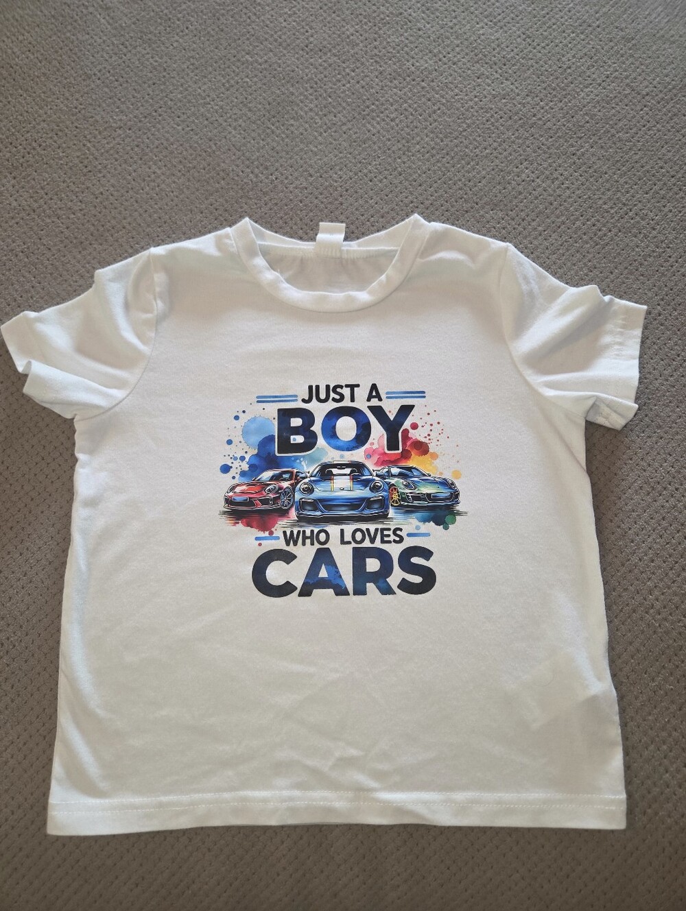 Boys 5T / 5 youth white short sleeve top 'just a boy who loves cars'